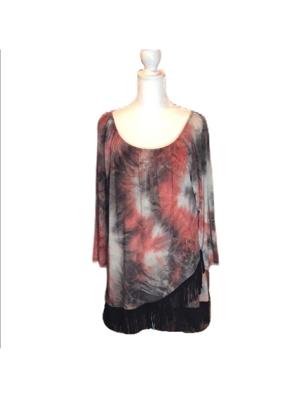 PAISLEY GRACE Brown Red/Orange Tie-Dye Tunic Top w/ Brown Faux Suede Fringe SZ L